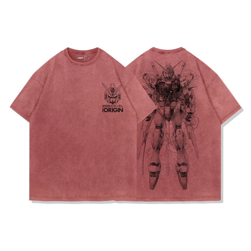 高達機械解剖圖水洗做舊 2026親子情侶男女同款 印花水洗短袖