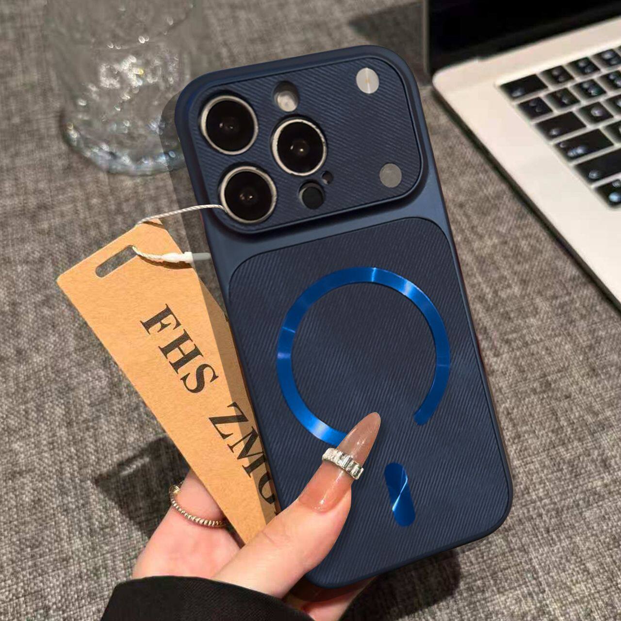 IPhone系列 輕奢極光圈大視窗牛仔布紋Magsafe磁吸手機殼