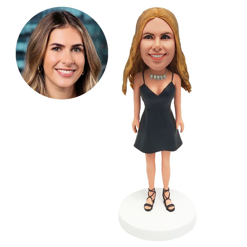 customized bobblehead figure lady in black slip dress