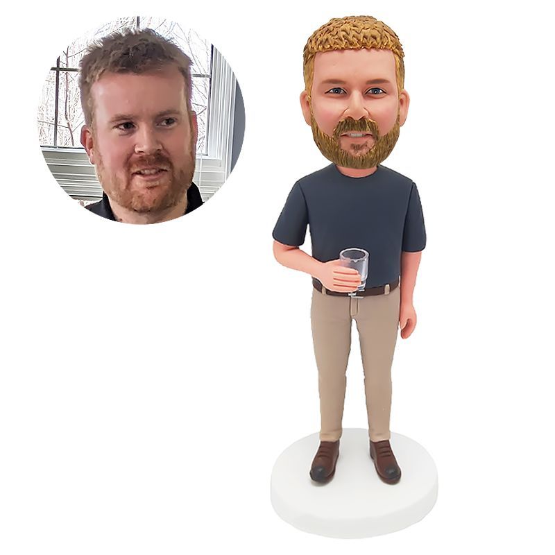 personalised bobble head figure man holding a glass