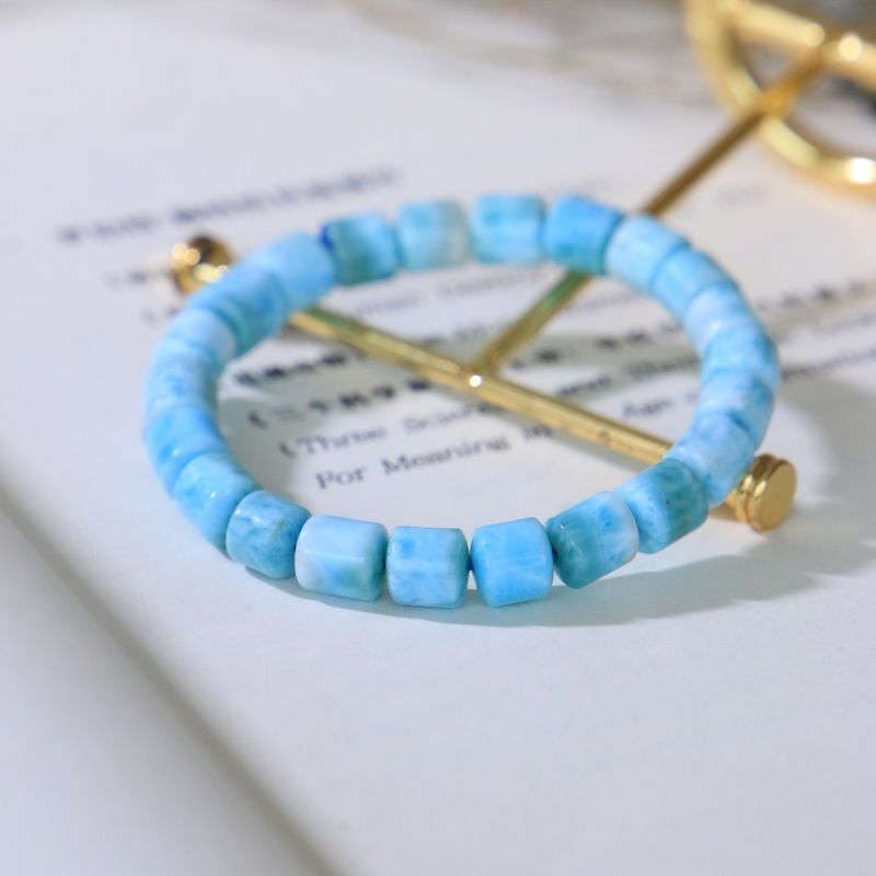 Larimar Bracelet with Tortoise Shell Pattern (Slight Flaws, Barrel Beads 8mm+)