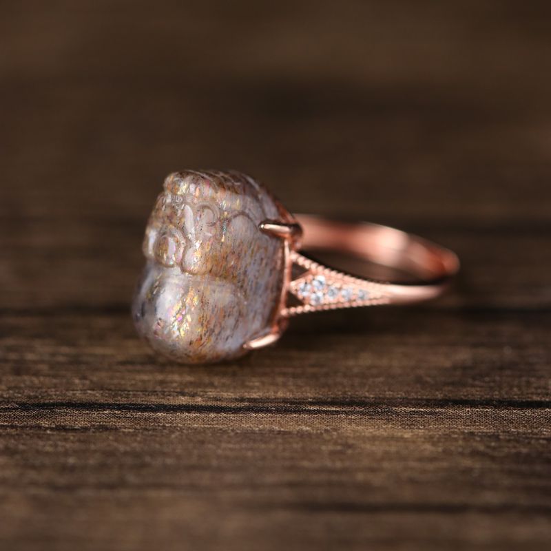 Black Rutilated Quartz Pixiu Inlaid Ring