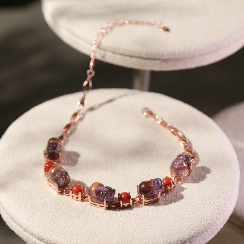 Aurora Purple Titanium Golden Tooth Pixiu Carved Inlaid Bracelet