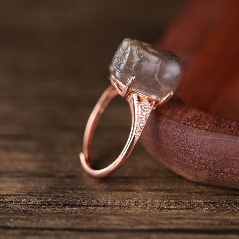 Black Rutilated Quartz Pixiu Inlaid Ring