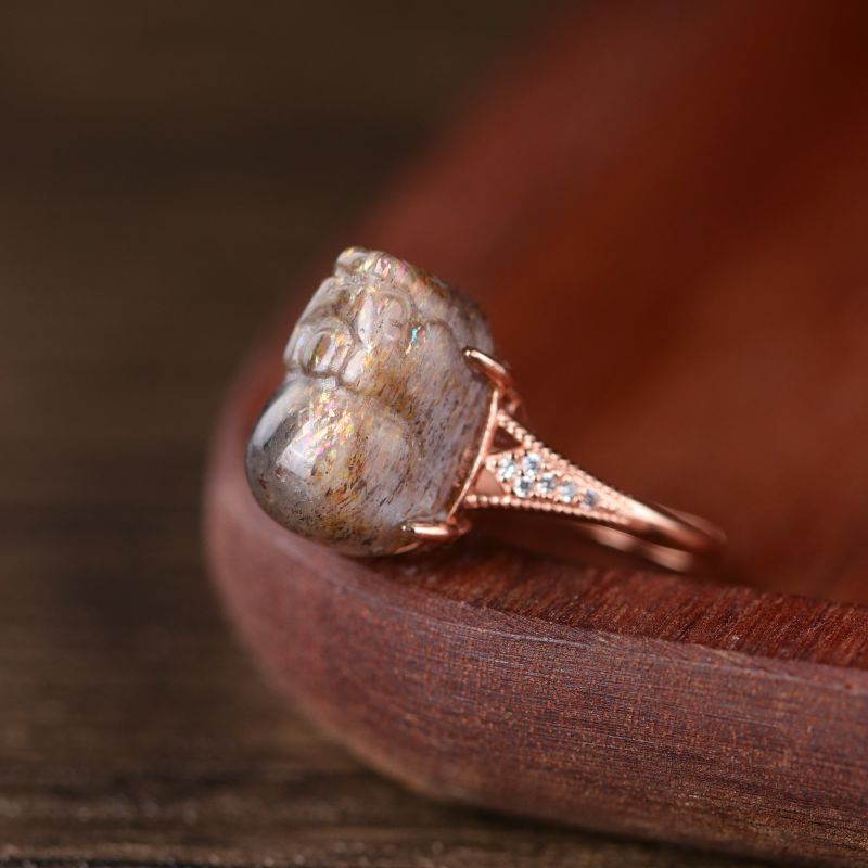 Black Rutilated Quartz Pixiu Inlaid Ring