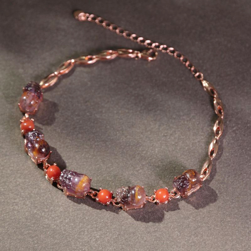 Aurora Purple Titanium Golden Tooth Pixiu Carved Inlaid Bracelet