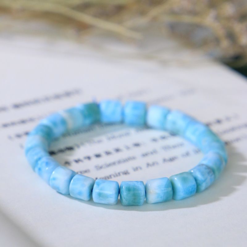 Larimar Bracelet with Tortoise Shell Pattern (Slight Flaws, Barrel Beads 8mm+)