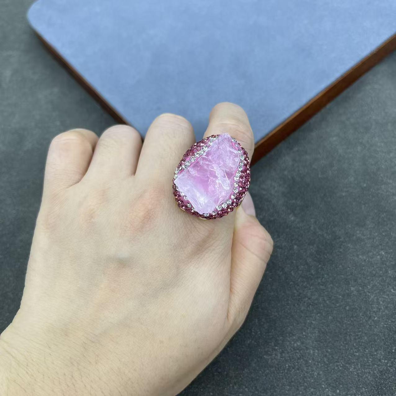 New Arrival Rose Quartz Rough Stone Ring - Luxury Inlaid Diamond Craft, Natural Gemstone Jewelry