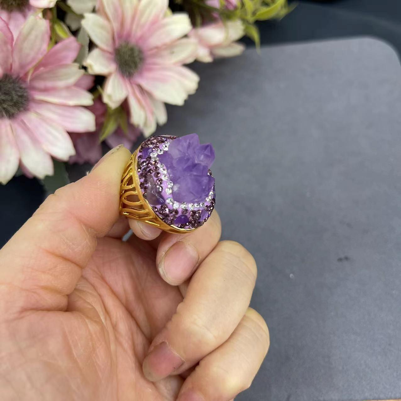 Natural Brazilian Amethyst Rough Stone Ring - Adjustable Open Band, Trendy Natural Gemstone Jewelry