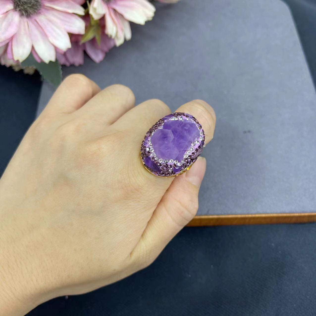 Natural Brazilian Amethyst Rough Stone Ring - Adjustable Open Band, Trendy Natural Gemstone Jewelry