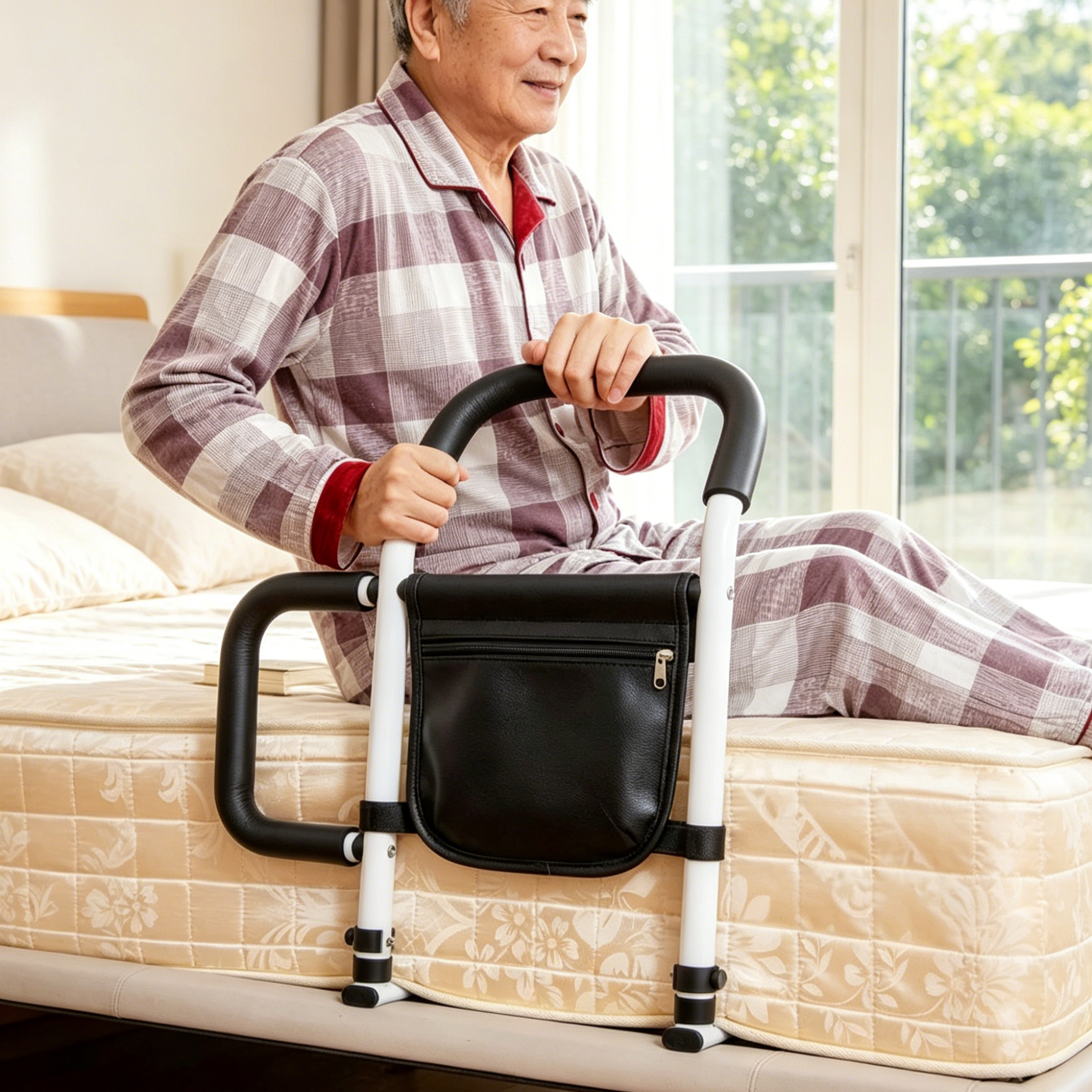 No-Drill Bedside Assist Rail for Seniors | Stable Stand-Up Handle | Safety Bed Rail with Storage Bag