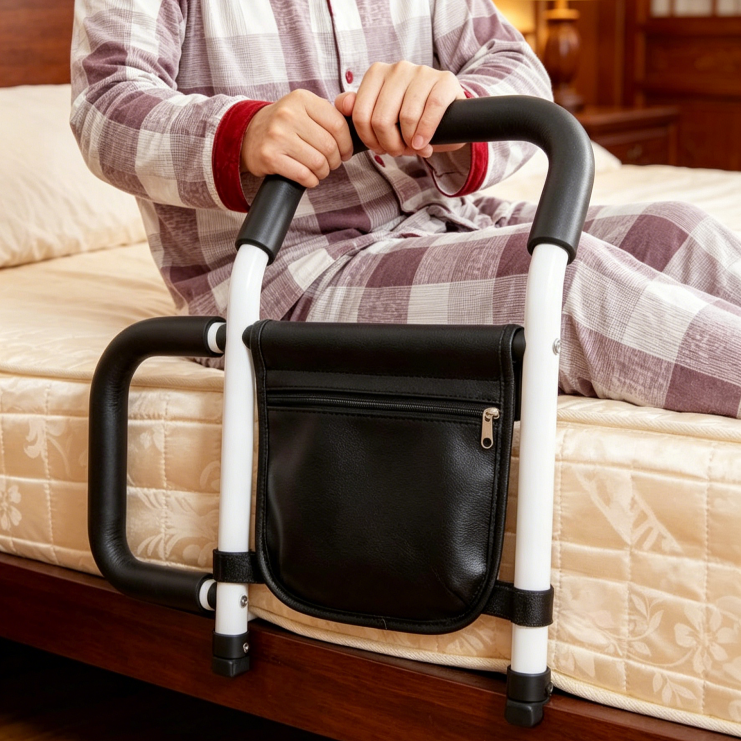 No-Drill Bedside Assist Rail for Seniors | Stable Stand-Up Handle | Safety Bed Rail with Storage Bag