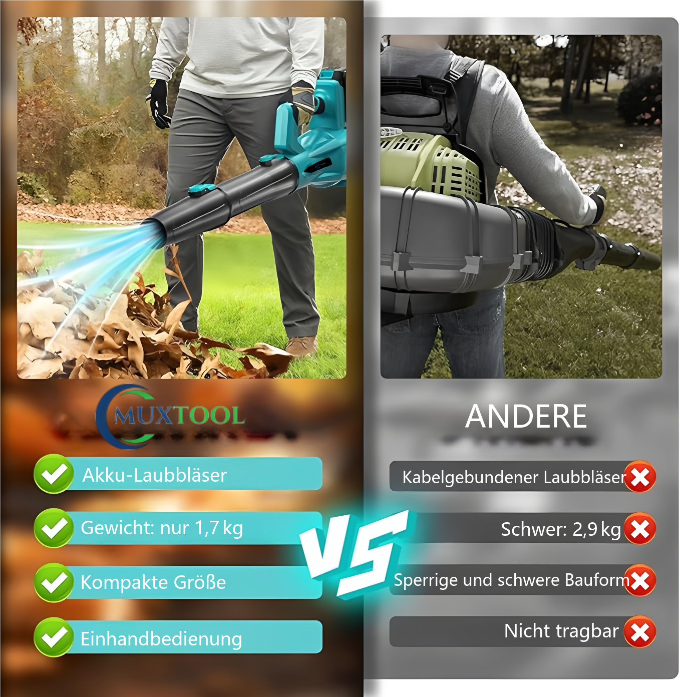 21V Akku-Laubbläser mit 6 Geschwindigkeitsstufen – für die schnelle und effiziente Reinigung von Garten und Terrasse, inklusive 2 Akkus.