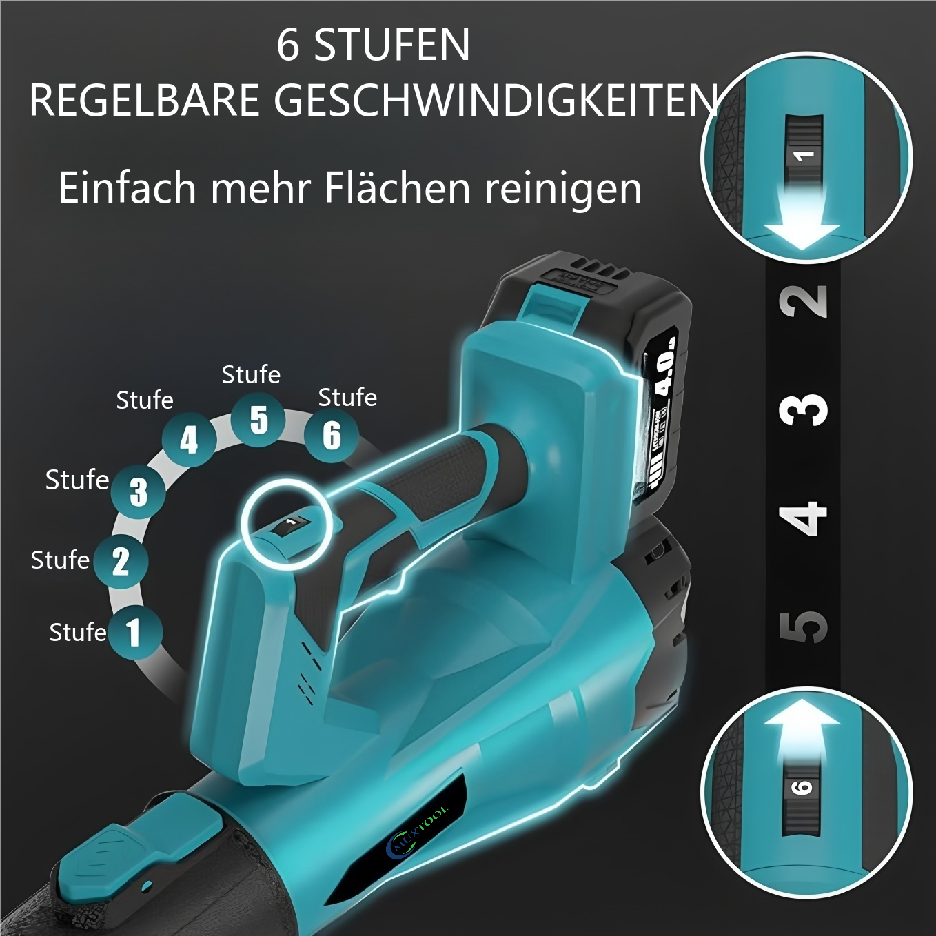 21V Akku-Laubbläser mit 6 Geschwindigkeitsstufen – für die schnelle und effiziente Reinigung von Garten und Terrasse, inklusive 2 Akkus.