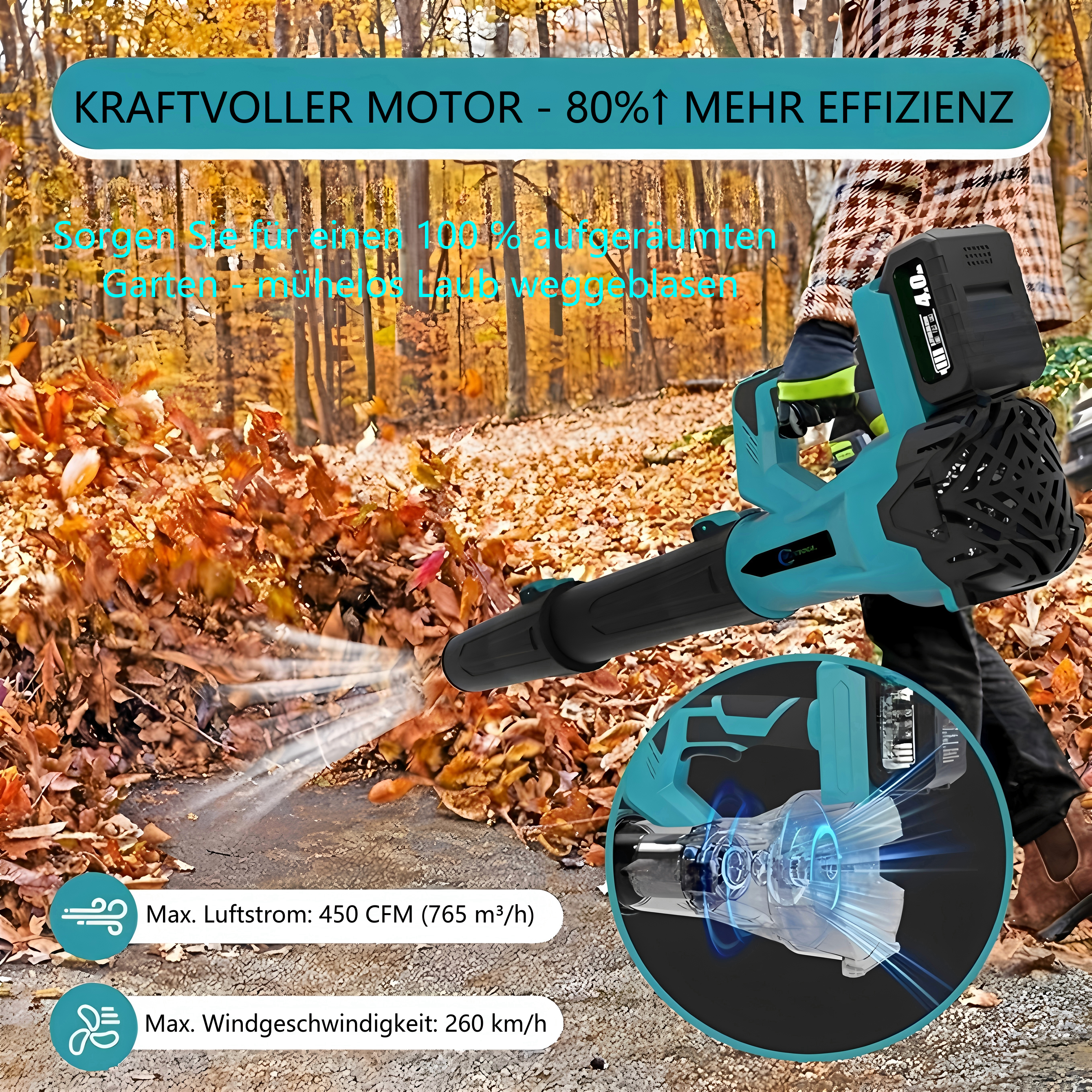 21V kabelloser 6-Stufen-Laubbläser: Für die schnelle und effektive Reinigung von Garten & Terrasse – inkl. 2 Akkus.