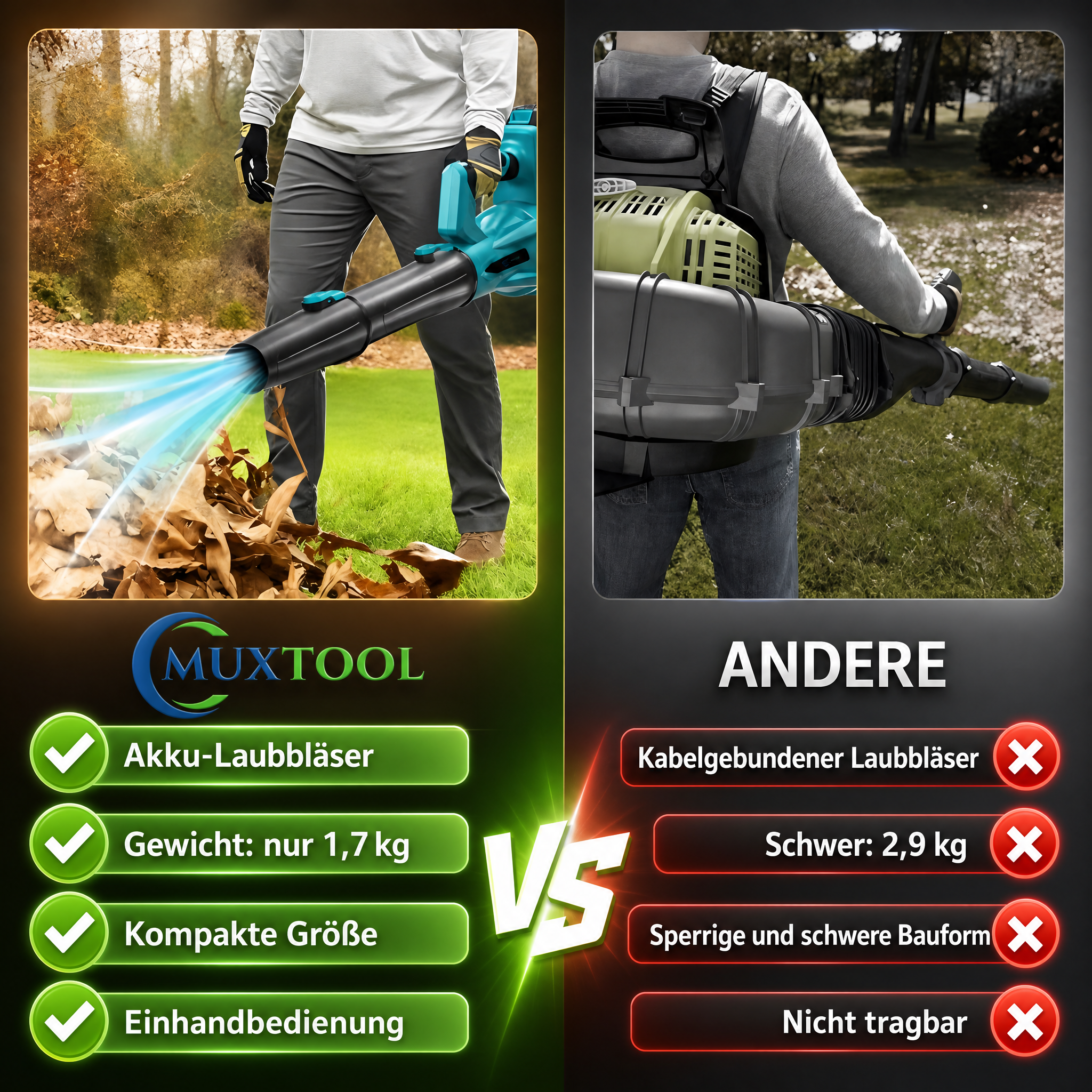 21V Akku-Laubbläser mit 6 Geschwindigkeitsstufen – für die schnelle und effiziente Reinigung von Garten und Terrasse, inklusive 2 Akkus.