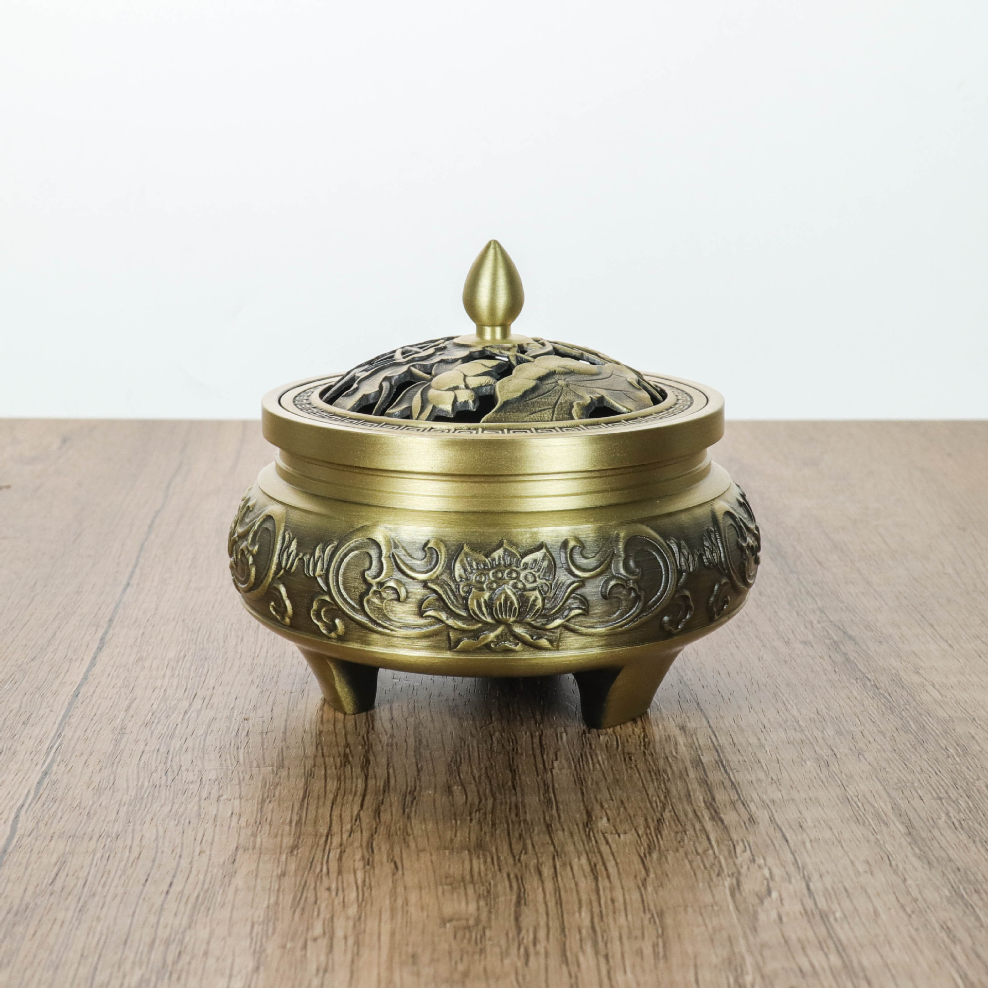 Vintage brass carved three-legged small incense burner, tea table agarwood sandalwood