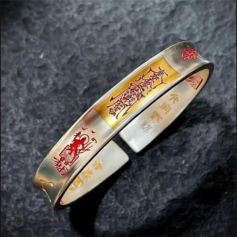 Taoist Style·Edict Meditation Mantra Bracelet Golden Seal Tai Chi Bagua Taoist Elements National Style Concave Open Bracelet