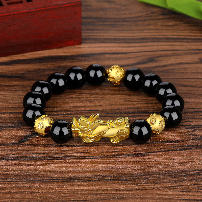 Men's large size Vietnamese sand gold Pixiu bracelet, obsidian six-character mantra bead bracelet
