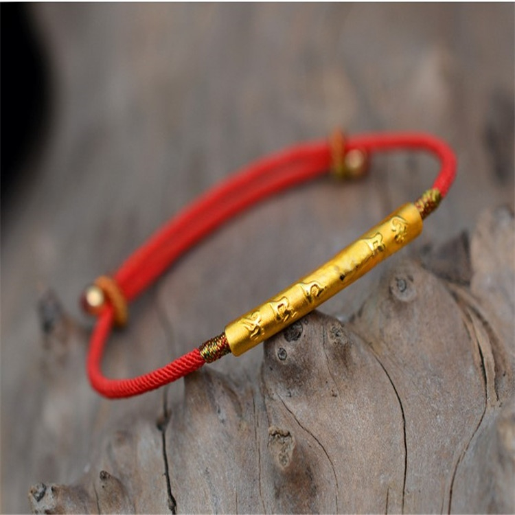 Six-character Mantra Bracelet, 999 Pure Silver with Gold Plating, Red Knot Braided Bracelet, Unisex Style