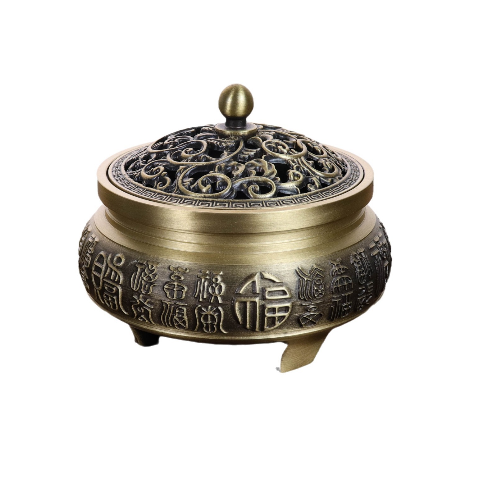 Vintage brass carved three-legged small incense burner, tea table agarwood sandalwood