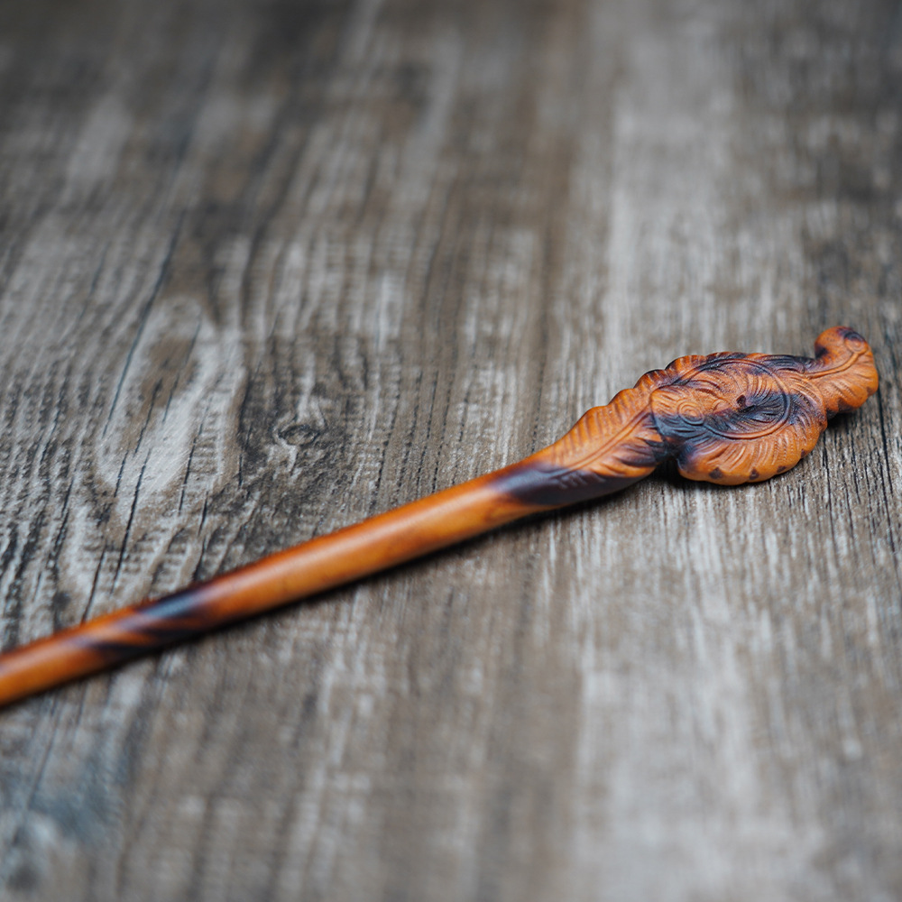 Lightning-struck peach wood hairpin with phoenix tail, exquisitely carved, a Taoist item