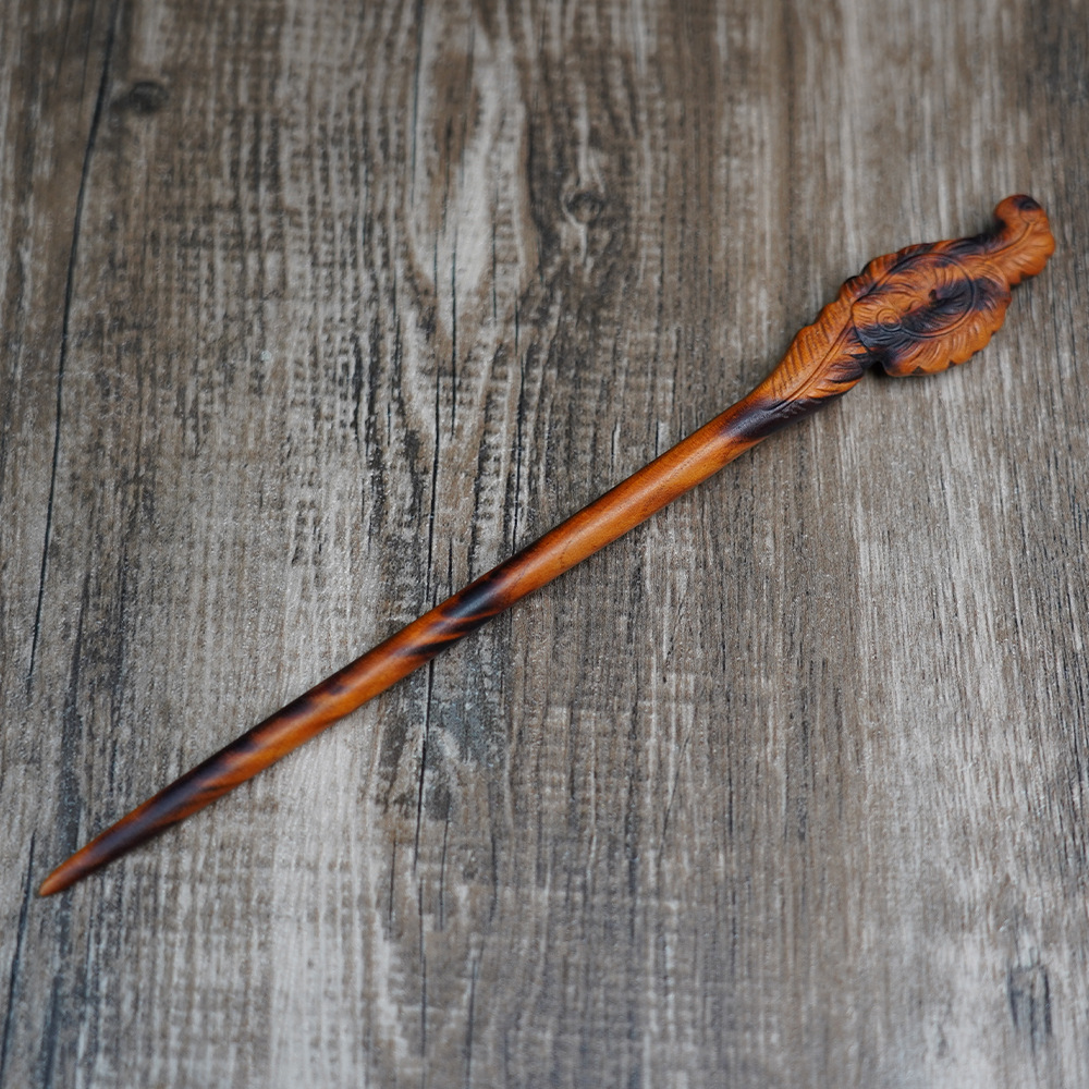 Lightning-struck peach wood hairpin with phoenix tail, exquisitely carved, a Taoist item