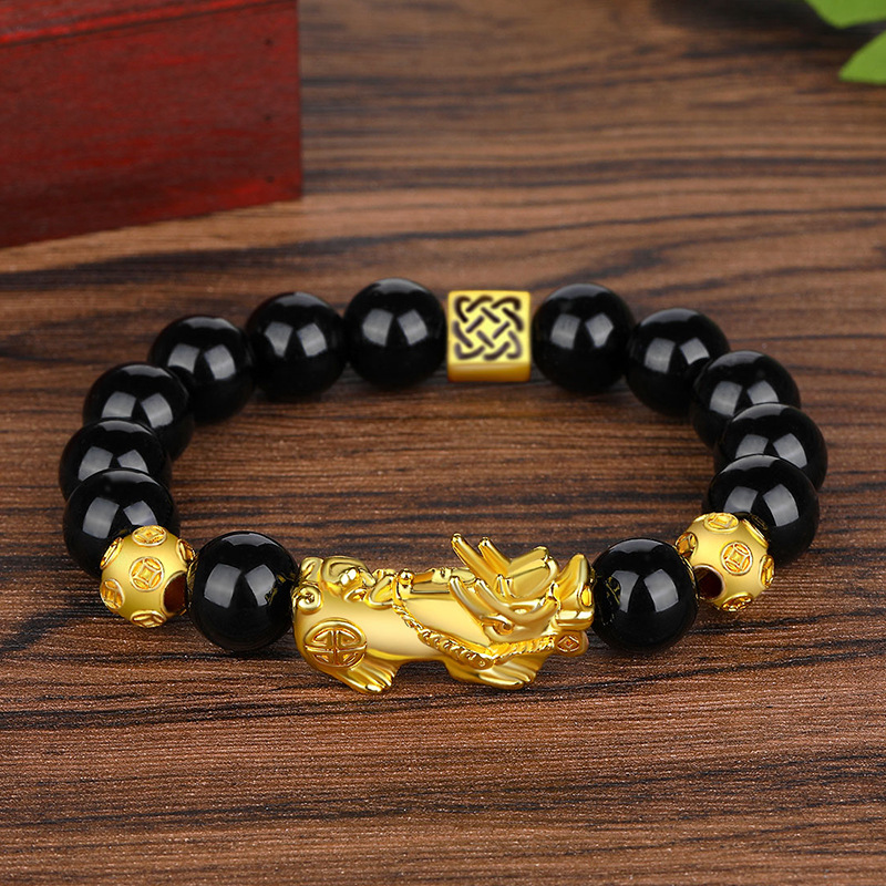 Men's large size Vietnamese sand gold Pixiu bracelet, obsidian six-character mantra bead bracelet