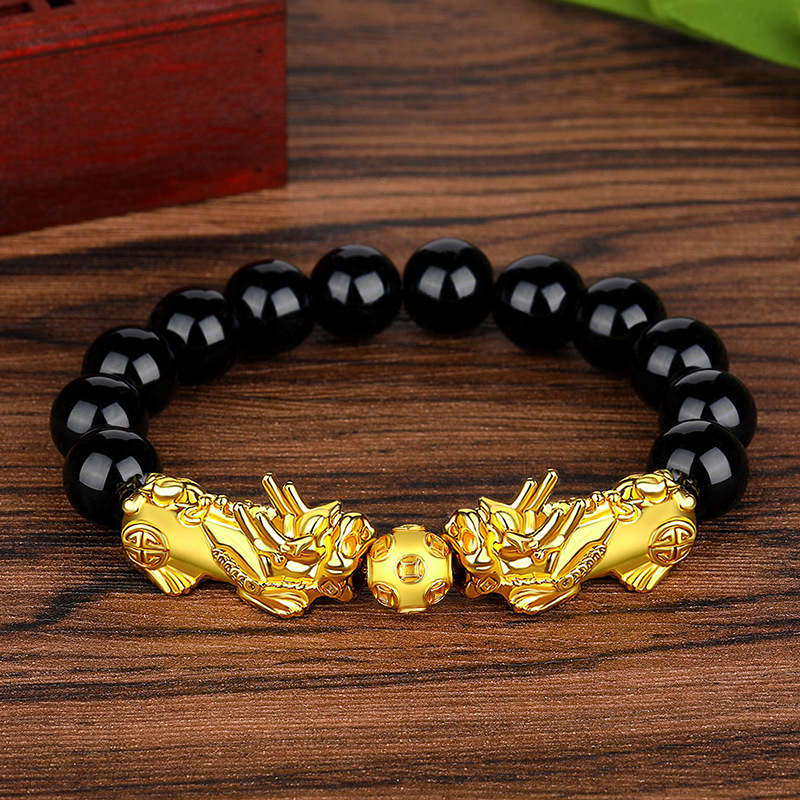 Men's large size Vietnamese sand gold Pixiu bracelet, obsidian six-character mantra bead bracelet
