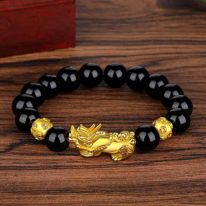 Men's large size Vietnamese sand gold Pixiu bracelet, obsidian six-character mantra bead bracelet