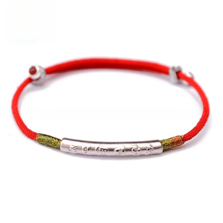 Six-character Mantra Bracelet, 999 Pure Silver with Gold Plating, Red Knot Braided Bracelet, Unisex Style