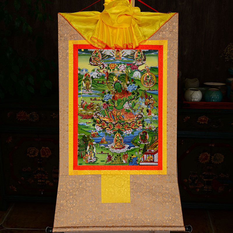 Tibetan Gilded Thangka Painting of Buddha, Tibetan-style Mounted Hanging Painting, Tea Room Zen Scroll Painting