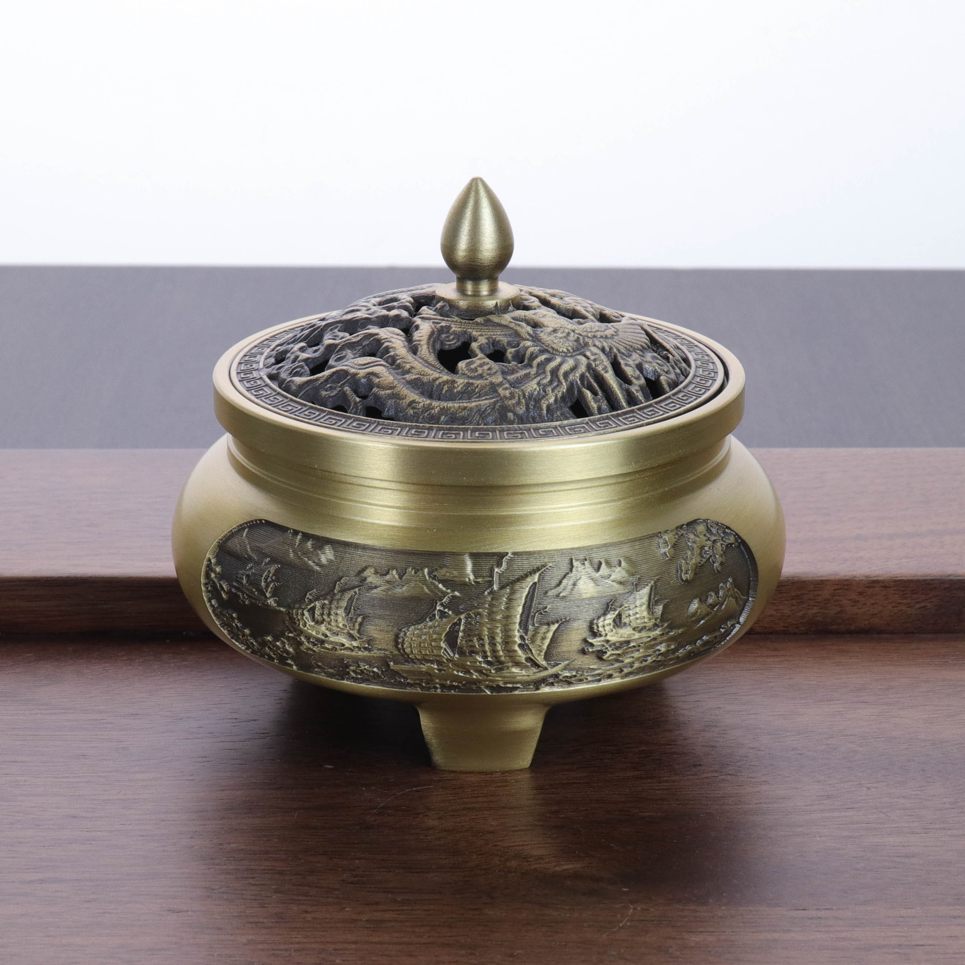 Vintage brass carved three-legged small incense burner, tea table agarwood sandalwood
