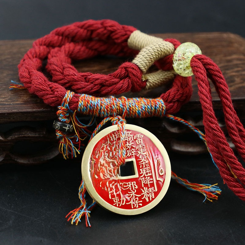 Shunxin Mountain Ghost Money Dragon Soaring Across the Four Seas Enamel Style Brass Cinnabar Copper Coin Antique Coin Pendant