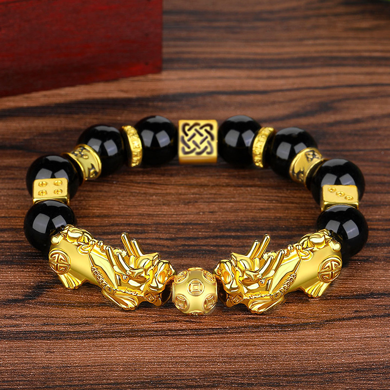 Men's large size Vietnamese sand gold Pixiu bracelet, obsidian six-character mantra bead bracelet