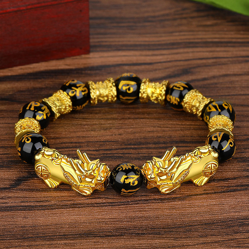 Men's large size Vietnamese sand gold Pixiu bracelet, obsidian six-character mantra bead bracelet