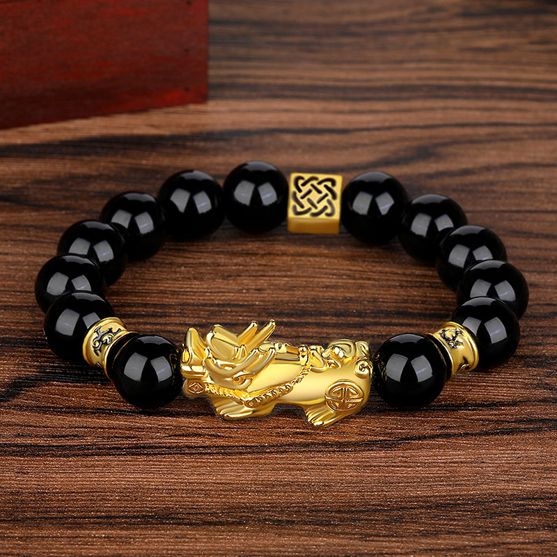 Men's large size Vietnamese sand gold Pixiu bracelet, obsidian six-character mantra bead bracelet