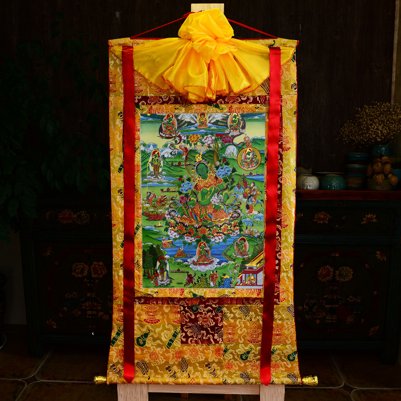 Tibetan Gilded Thangka Painting of Buddha, Tibetan-style Mounted Hanging Painting, Tea Room Zen Scroll Painting