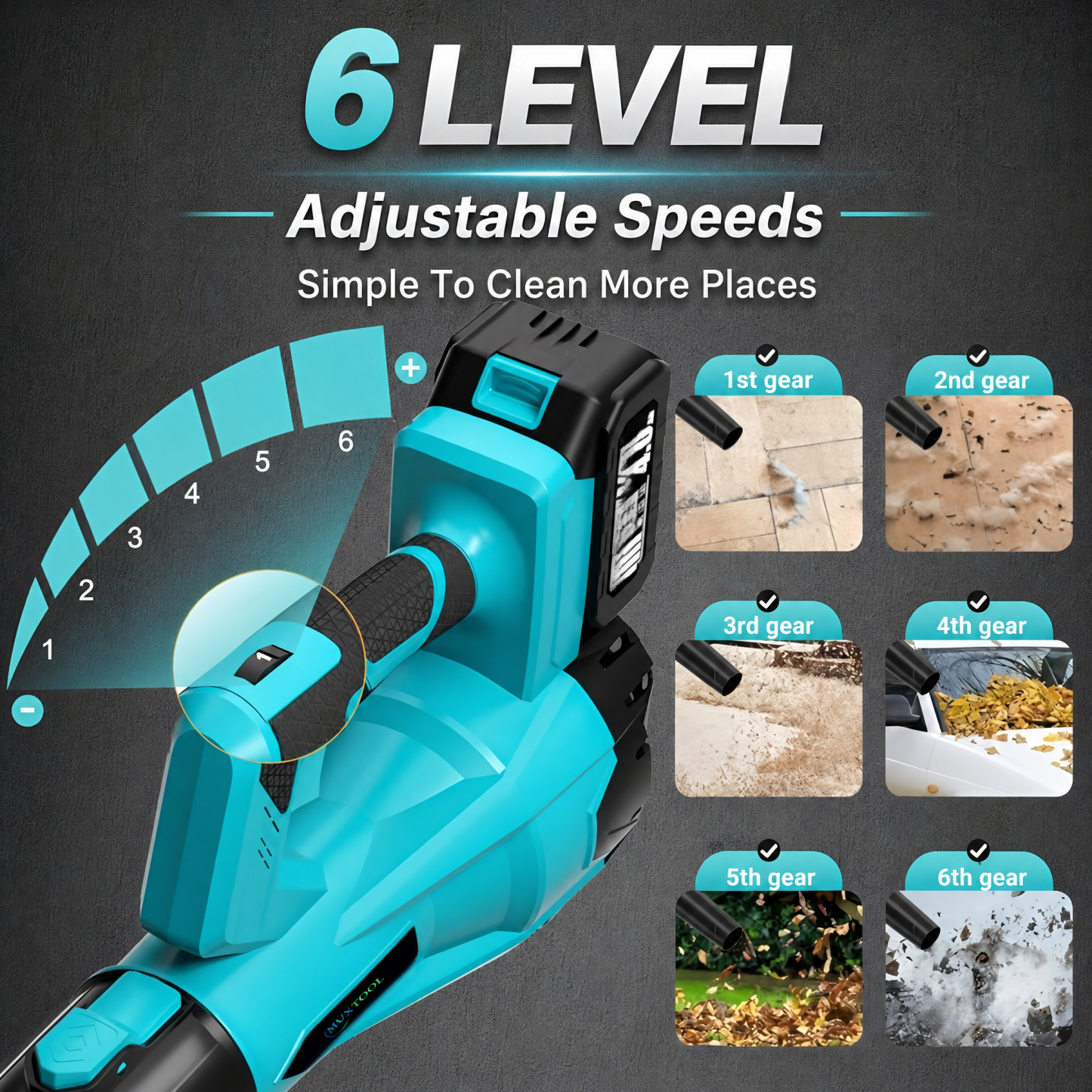 21V Cordless 6-Speed Leaf Blower with 2 Batteries for Patio and Lawn Cleaning