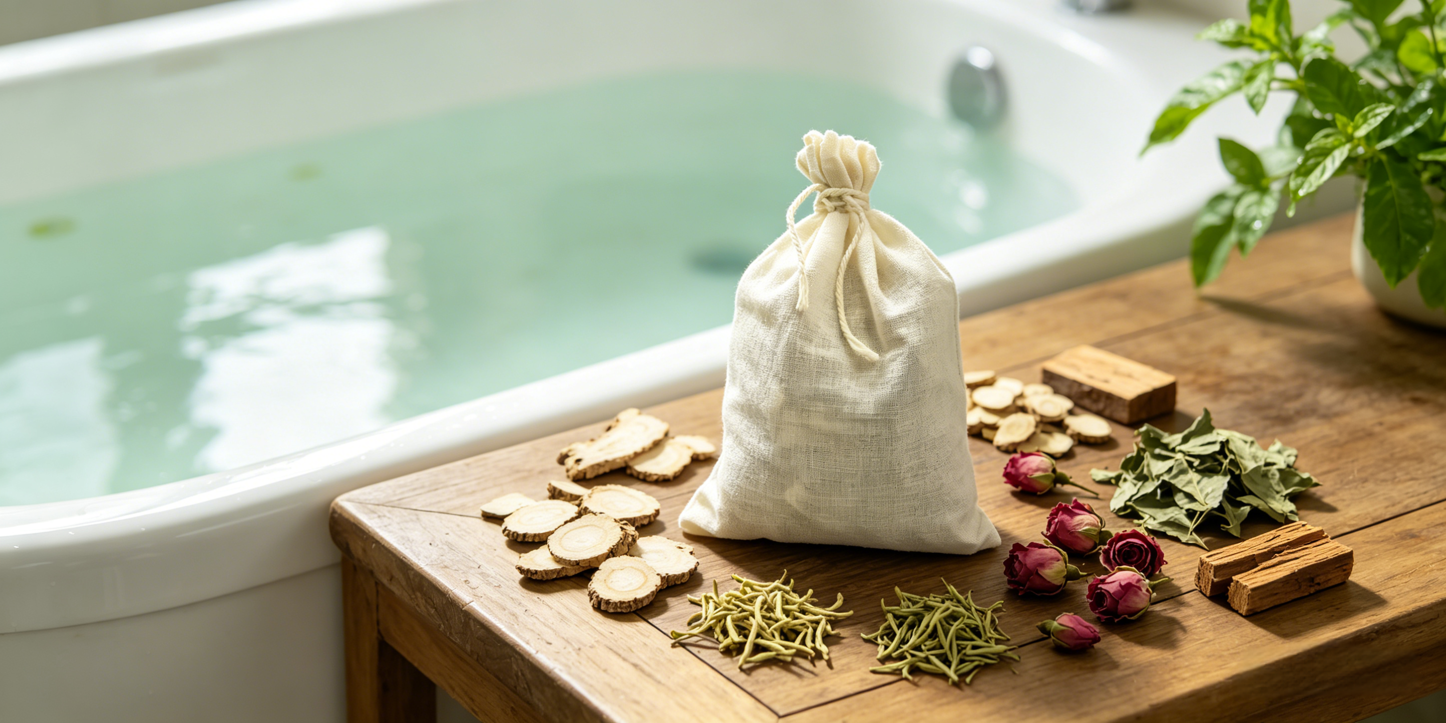 Root & Revive herbal bath soak pouch on a marble surface surrounded by dried Angelica, Honeysuckle, Mugwort, and Sandalwood — a natural adaptogen soak for spring wellness.
