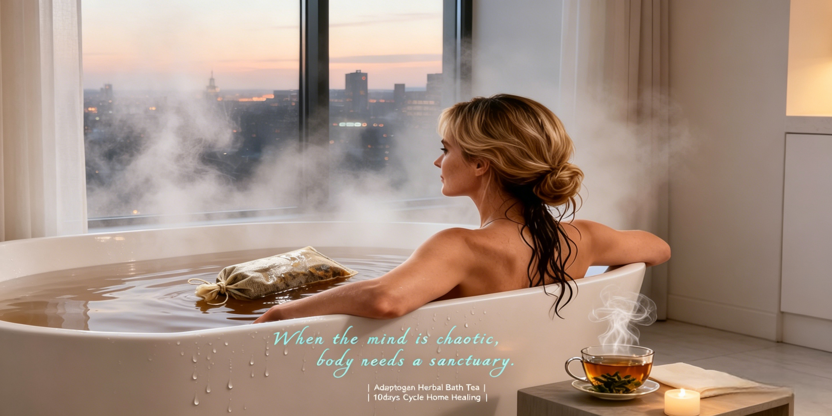 A woman soaking in a bathtub with Root & Revive Soak herbal bath soak, looking out the window with comfort and strength, embracing the solar term energy of Start of Spring and Winter Solstice