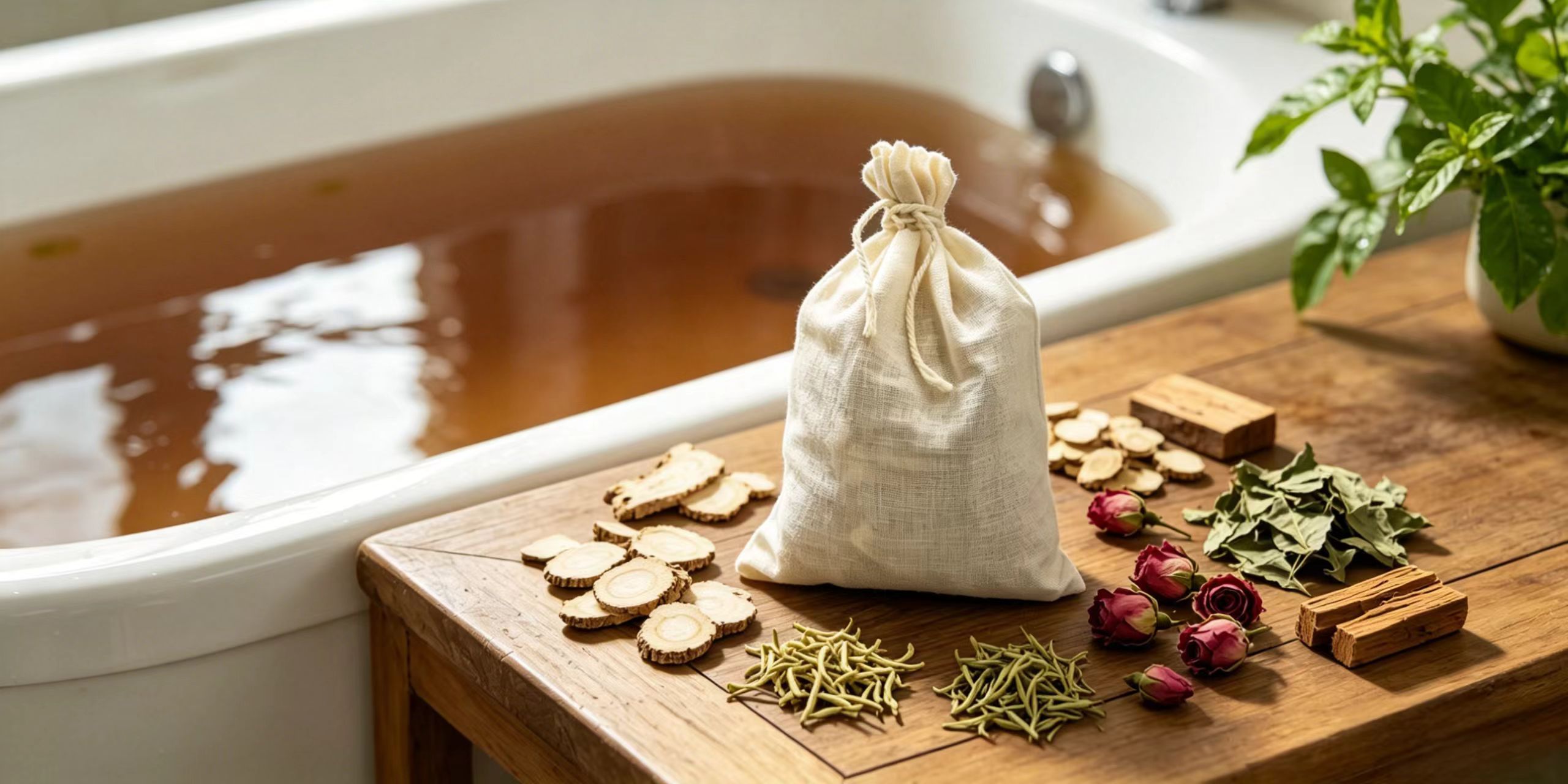 Root & Revive herbal bath soak pouch on a marble surface surrounded by dried Angelica, Honeysuckle, Mugwort, and Sandalwood — a natural adaptogen soak for spring wellness.