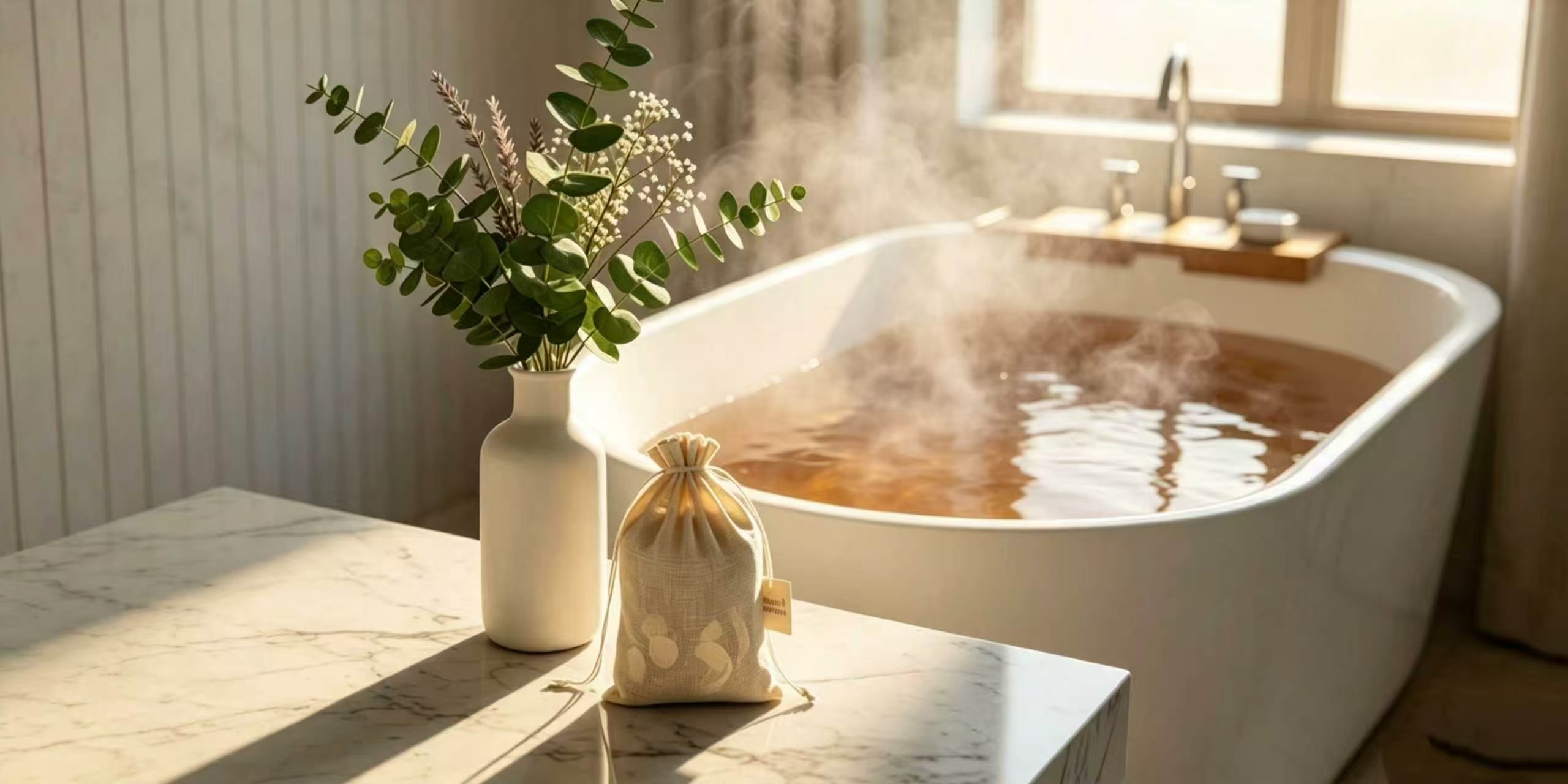 Warm home spa bathroom with steaming herbal bath tub, eucalyptus flowers and linen bath sachet on marble counter, relaxing wellness bathing scene