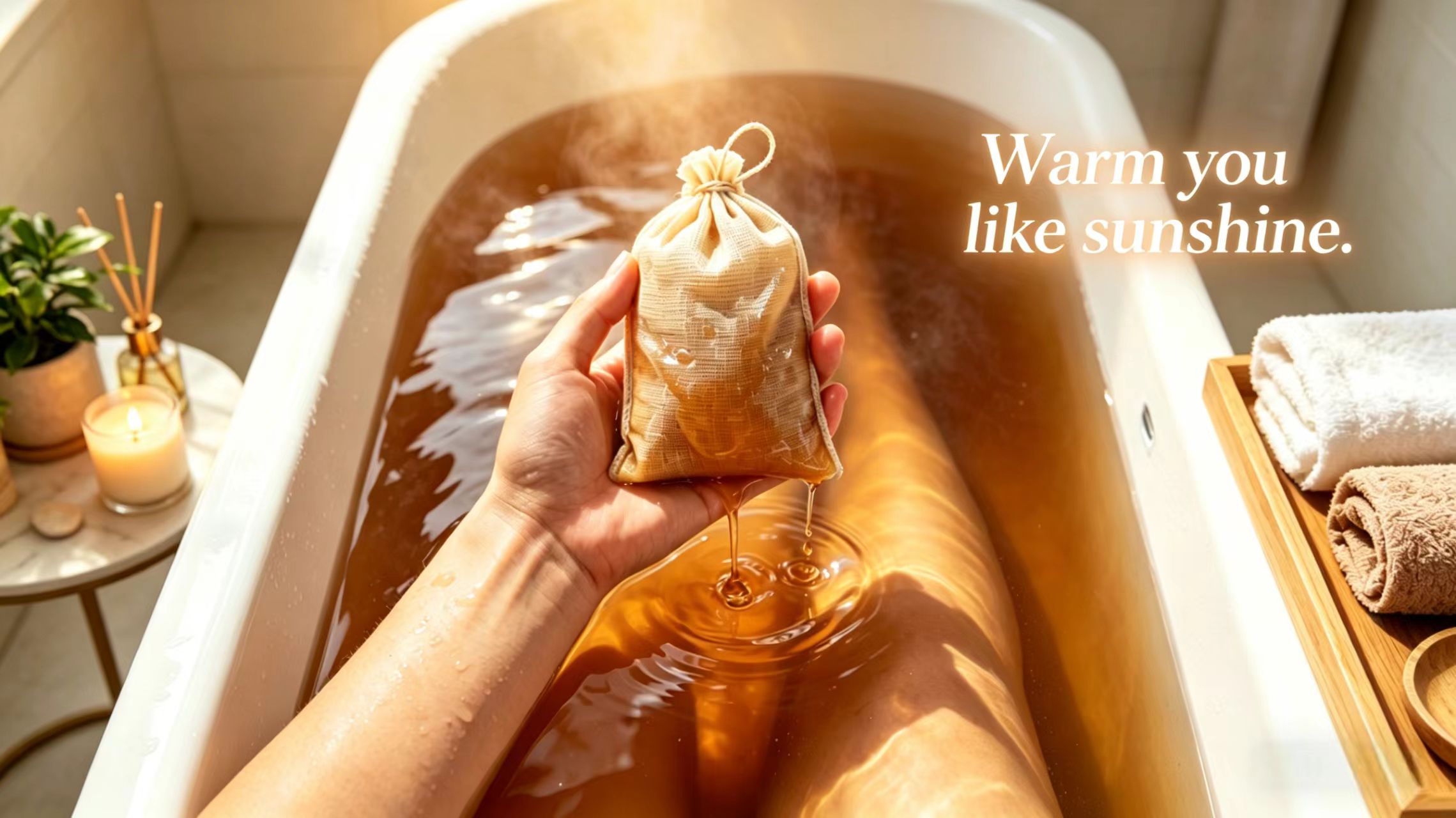 Woman holding a moistened herbal bath soak pack (WarmCoret Soak) while soaking in a warm bathtub during golden hour before sunset, evoking a sunlight energy bath for seasonal mood support.