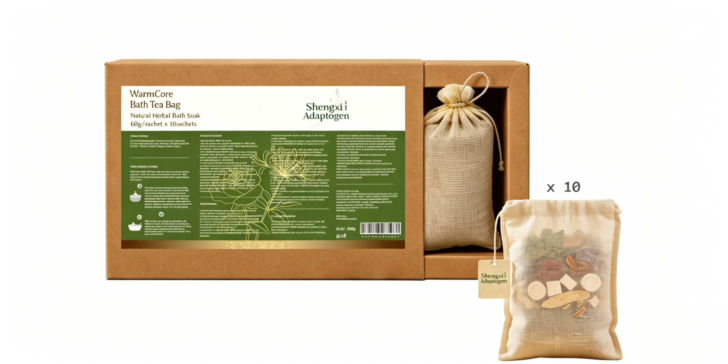 WarmCore Bath Tea Bag – natural herbal bath soak, 60g per sachet, 10 sachets per box. Contains chamomile, calendula, lavender, peppermint, spearmint, ylang-ylang, tea tree oil, aloe vera, and essential oils. Promotes relaxation, stress relief.