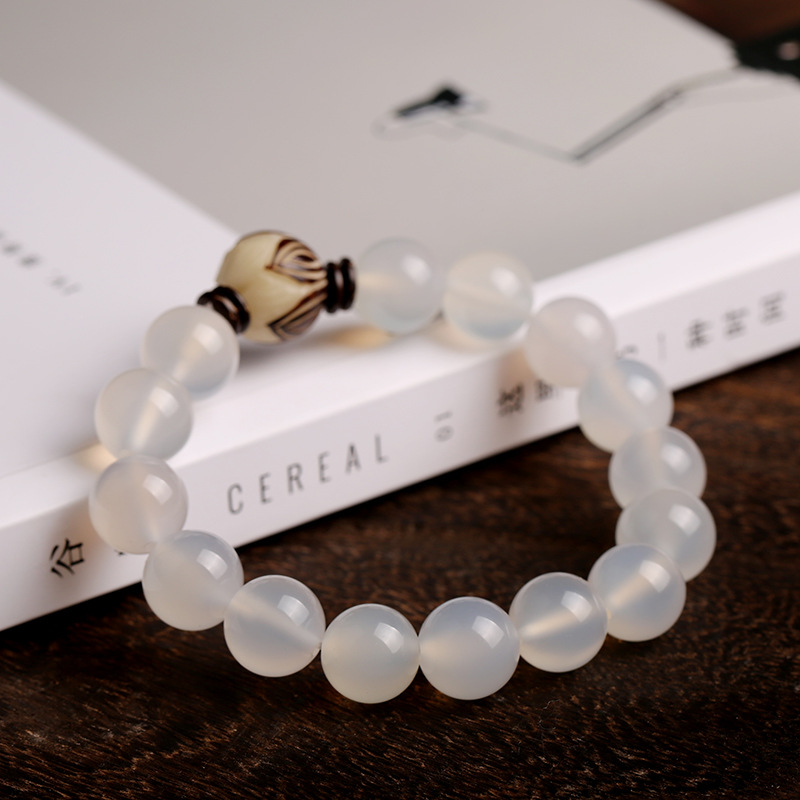 ホワイトアゲート ブレスレット パワーストーン 白玉菩提根 蓮華彫刻 天然石 白瑪瑙  男性用 女性用