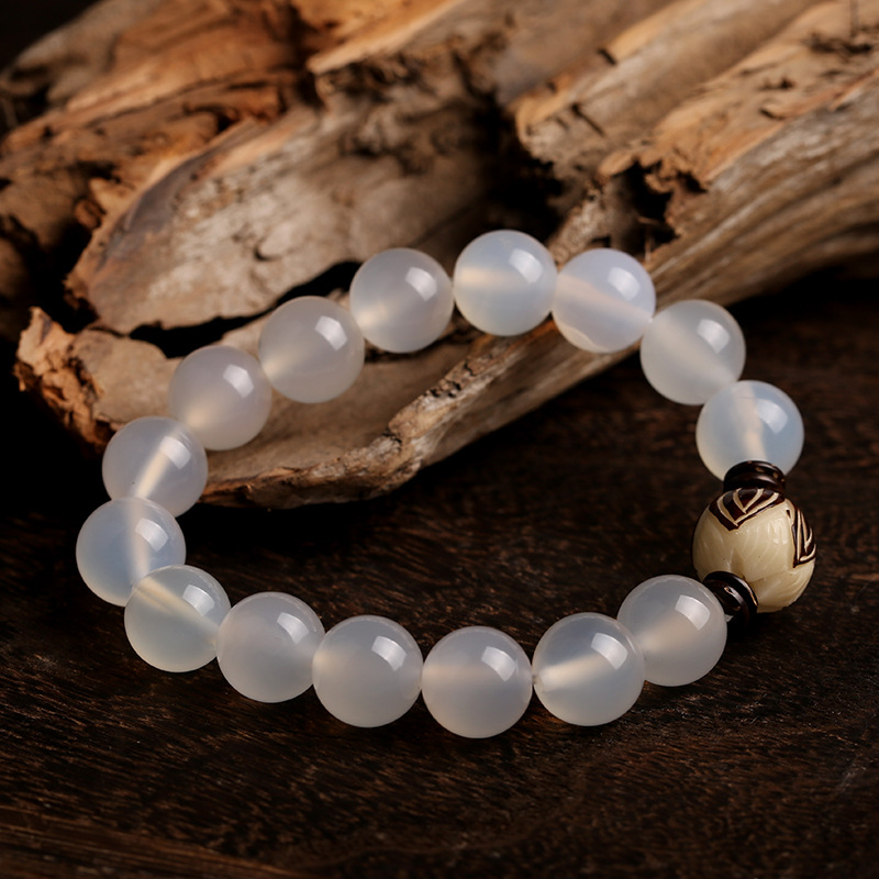 ホワイトアゲート ブレスレット パワーストーン 白玉菩提根 蓮華彫刻 天然石 白瑪瑙  男性用 女性用