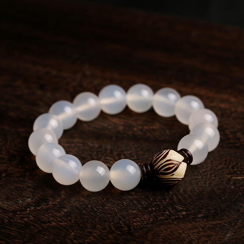 ホワイトアゲート ブレスレット パワーストーン 白玉菩提根 蓮華彫刻 天然石 白瑪瑙  男性用 女性用