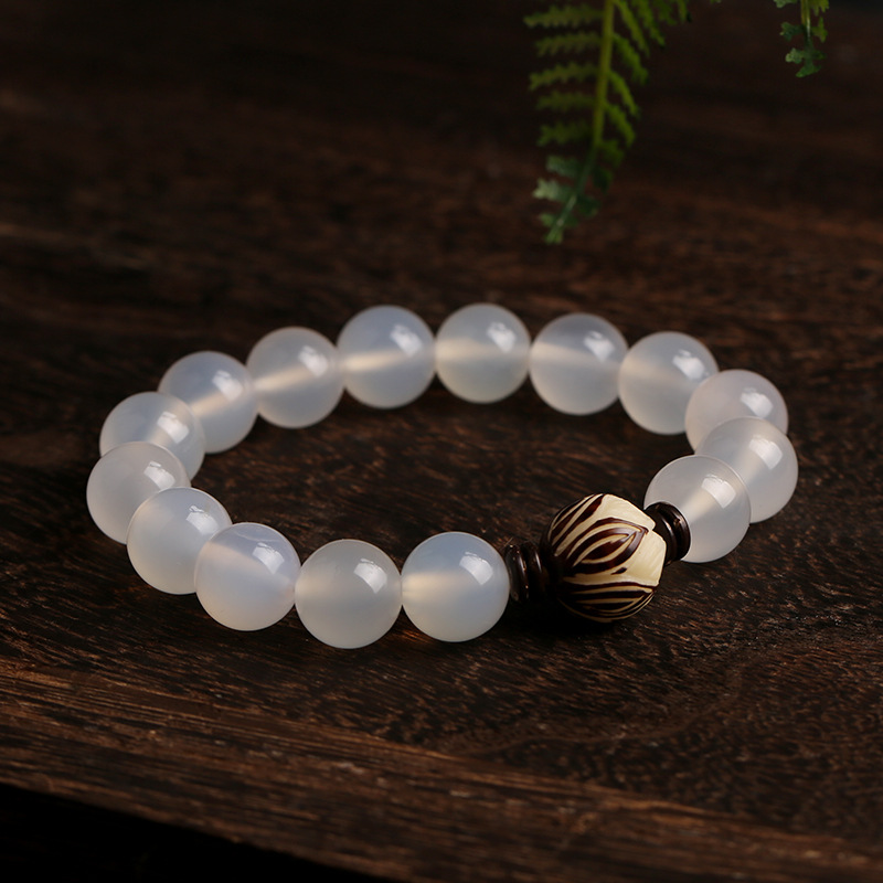 ホワイトアゲート ブレスレット パワーストーン 白玉菩提根 蓮華彫刻 天然石 白瑪瑙  男性用 女性用