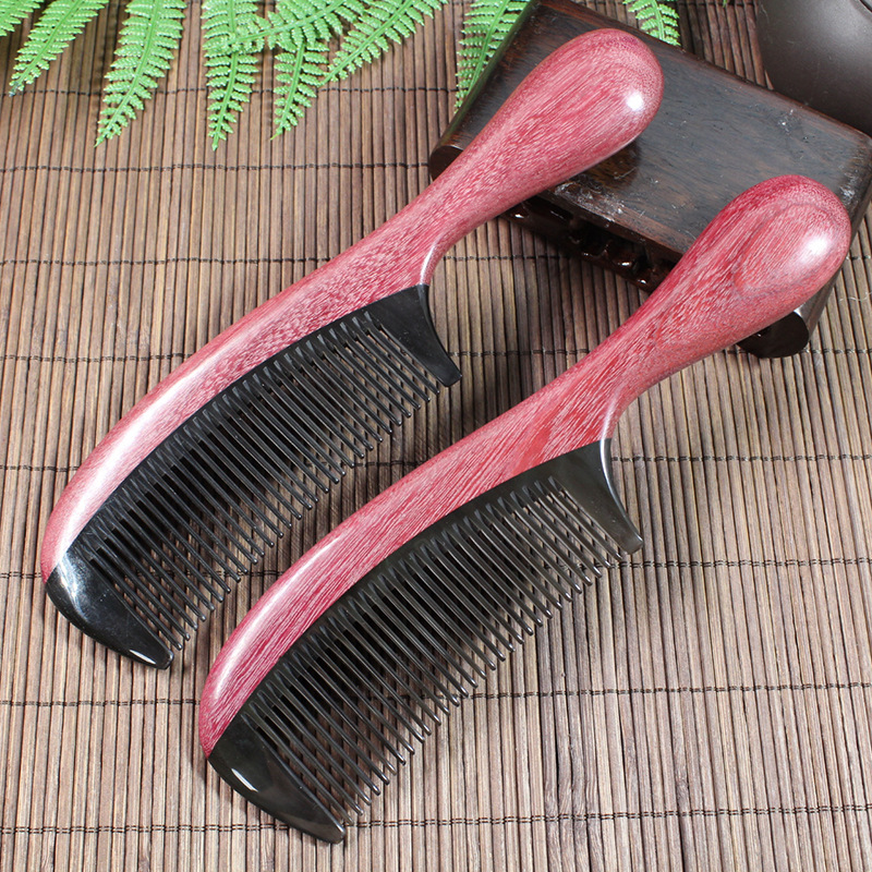 櫛 コーム 紫心木 天然木 天然牛角  手付き櫛 細歯 静電気防止 マッサージコーム 